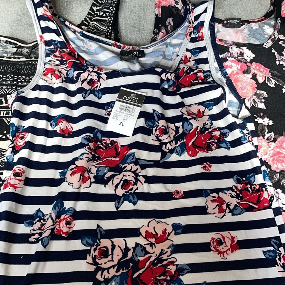Floral Stripe Tank Top - Navy & White with Pink Roses - Picture 2 of 4